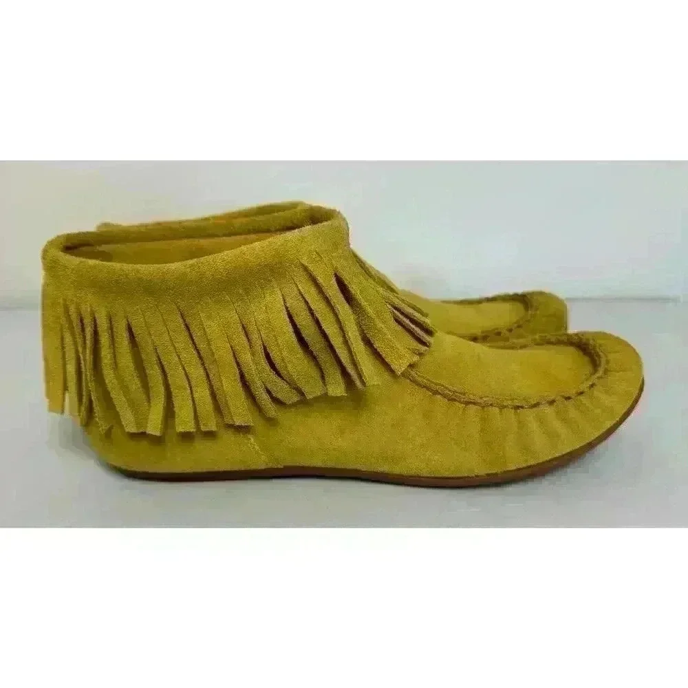 Bettye Muller Yellow Fringe Moccasin Bootie Size 7 1/2 Soft Leather Suede